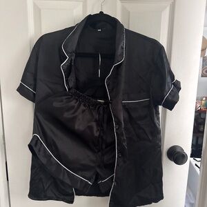 Black Satin Pajama Set – Short Sleeve Button Down & Shorts